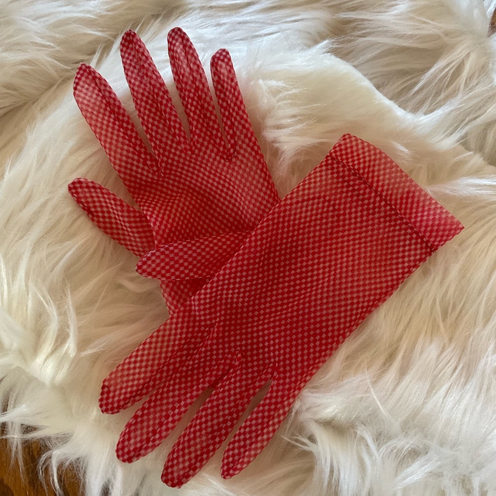 Vintage Inspired Sheer Nylon Mesh, Red/White Gingham Pattern Gloves, USA, Sz 7.5 - Picture 3 of 7